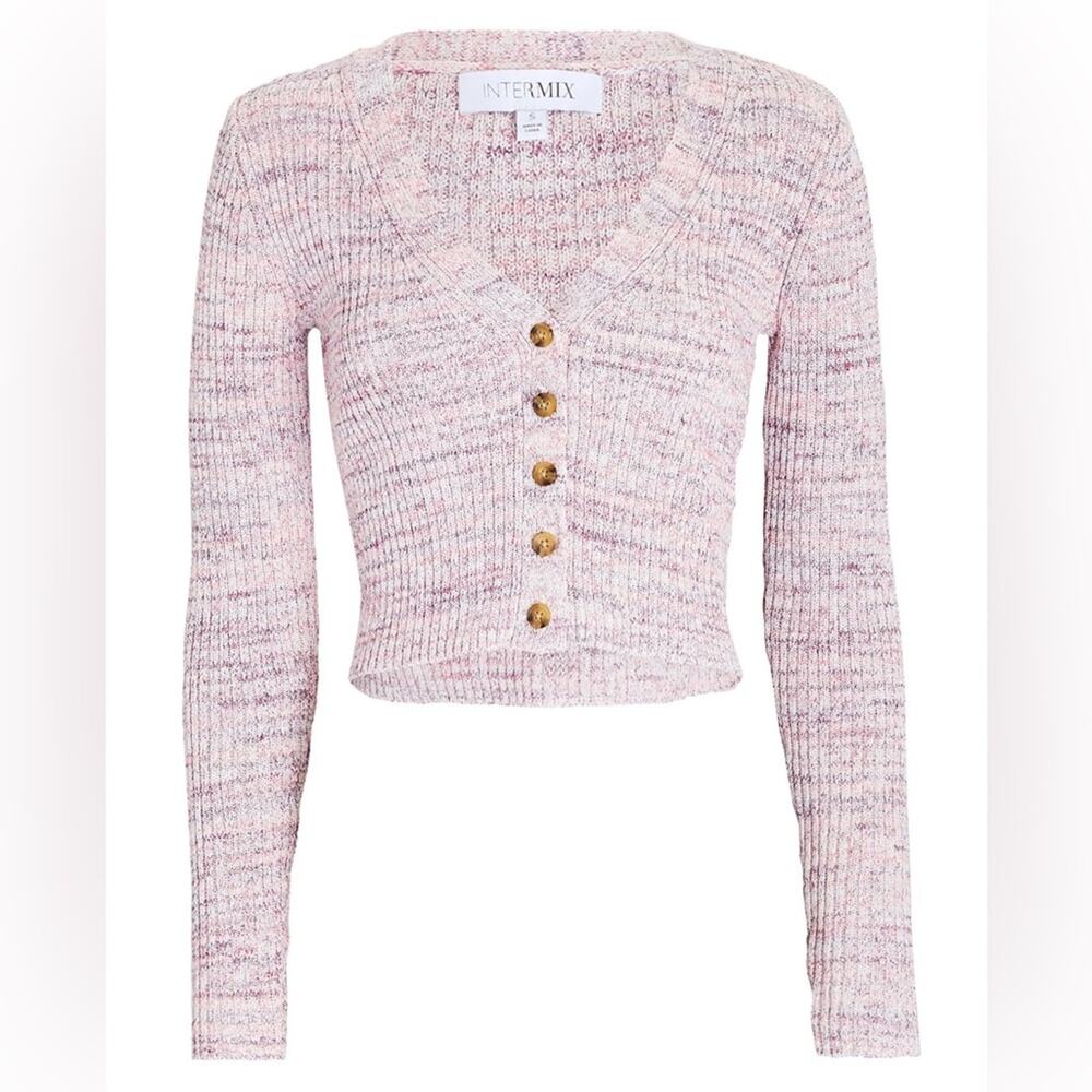 INTERMIX Multicolor Ribbed Cardigan Knit Sweater Button Up 100% Cotton - L